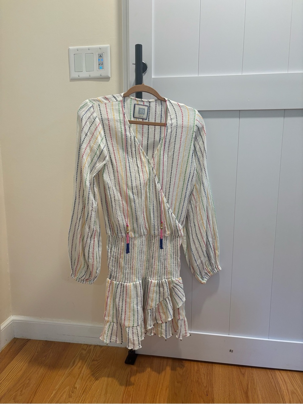 Mini Wrap Dress with Rainbow Stripe Ruffle Hem